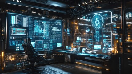 Poster - A computer room with a man sitting in a chair in front of a monitor