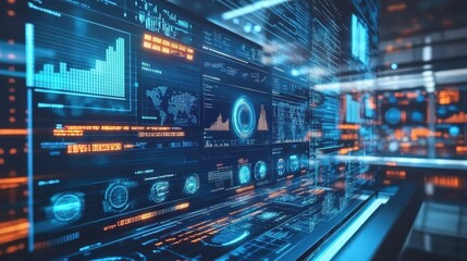 Fototapete - A computer monitor displays a variety of colorful graphs and numbers