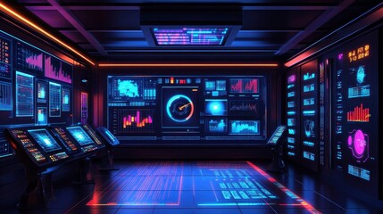 Fototapete - A room with many computer monitors and a large clock on the wall