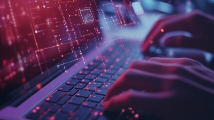 Leinwandbilder - A person's hands are typing on a laptop keyboard. The screen is glowing with a digital overlay of red and blue lines and a graphic.