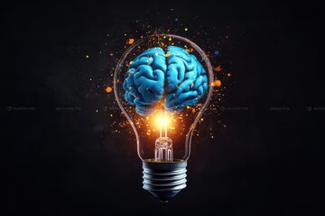 Poster - Electric brain inside a glowing light bulb, delicate watercolor splashes of blue and gold