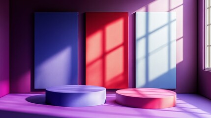 Wall Mural - two colorful cylindrical podiums in front of three vertical panels in a purple room with sun shining