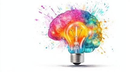 Poster - Brain filled with intricate light bulb motifs, vibrant watercolor splashes illuminating each detail