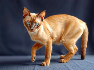 Wall Mural - A cat with blue eyes is walking on a blue background. The cat is brown and has a fluffy tail