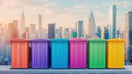 Aufkleber - A vibrant cityscape featuring colorful recycling bins under soft morning light, captured in a wideangle lens
