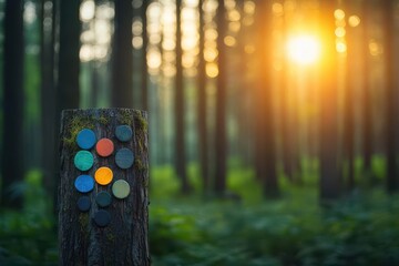 Aufkleber - A serene forest scene with art made from recycled materials, golden hour lighting and cinematic depth of field