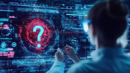 Poster - A scientist analyzing a question mark on a holographic screen, cool blues and purples, AIinspired interface, technorealism