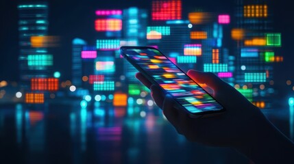 Wall Mural - a person browsing on a curvededge smartphone, vibrant neon lights reflecting, urban nighttime settin