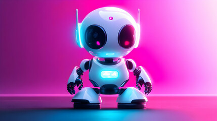 Wall Mural - White Robot Stands with Glowing Lights on a Neon Background