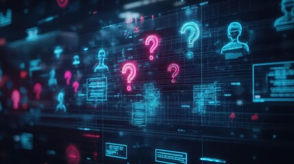 Aufkleber - A futuristic holographic display showing a group brainstorming, questions hovering in neon, scifi atmosphere, cyberpunkinspired look