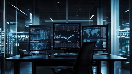 Poster - Modern Trading Desk with Advanced Technology Showcasing Stock Market Analysis and Digital Graphs for Business Insights in a Contemporary Workspace