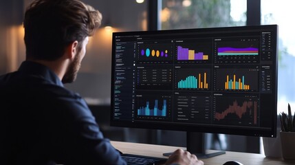 Aufkleber - A focused professional analyzes detailed performance metrics displayed on a large screen in a well-lit office. Colorful graphs and charts provide insights into various data trends and statistics.