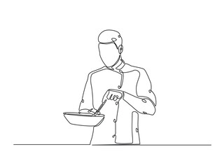 Wall Mural - Continuous one line drawing of chef cooking with pan. Professional chef holds pan in single line draw vector illustration. Editable vector.