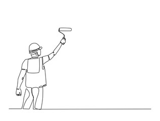 Leinwandbilder - Continuous one line drawing of worker painting with roller brush. Man holding roller paint brush. Editable vector.