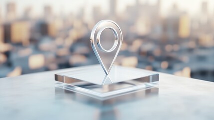Poster - Glass Location Pin: a sleek, transparent 3D location pin resting on a glass platform. The blurred cityscape in the background, bathed in warm light, creates a modern and futuristic visual 