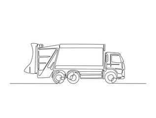 Wall Mural - Continuous line drawing art of Garbage truck in the road. Waste truck in single line draw with active stroke.