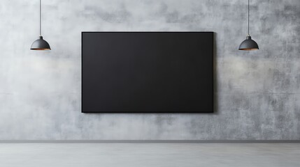 Poster - Empty black canvas against a moody gray wall, illuminated by industrialstyle hanging lights, modern art gallery setting