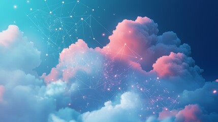 Poster - A bright blue sky with fluffy white and pink clouds is adorned with a network of shimmering lines, suggesting connections and communication.