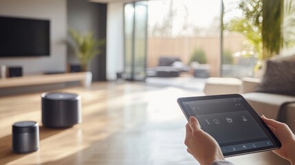 Poster - A person is holding a tablet in a living room with a TV in the background