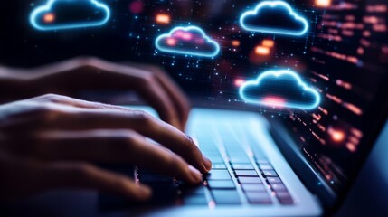 Leinwandbilder - A user engages with cloud computing technology on a laptop keyboard during nighttime. Digital clouds and data streams surround the screen, highlighting a modern tech workspace atmosphere.