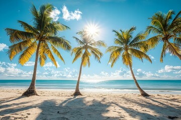 Poster - Bright sun shining through palm trees on a tropical beach