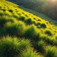 Wall Mural - A full shot birds-eye-view photo of a sunlit meadow scenery, with soft focus on the gentle waves of the grass and the interplay of light and shadow.