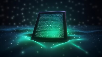 Leinwandbilder - Glowing Digital Monolith Rests on a Dark Green Surface