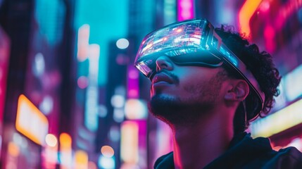 Aufkleber - In a vibrant urban environment, a man gazes upward while wearing neon-lit virtual reality goggles.