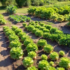 Wall Mural - medium long shot of a vegetable garden from a slightly elevated angle, using tilt-shift to create a miniature effect, highlighting the neat rows of various vegetables against a softly blurred garden b