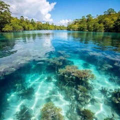 Wall Mural - High-Angle View of Mangrove Trees in Shallow Water: High-angle shot showing mangrove trees with their roots submerged in clear water, creating intricate patterns in the shallow seabed.