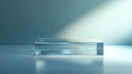 Fototapete - 3d rendering transparant glass podium stage against blue background with sun light