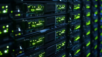 Leinwandbilder - A close-up shot of a server rack in a dimly lit room. The rack is full of servers with green lights illuminating the various components.