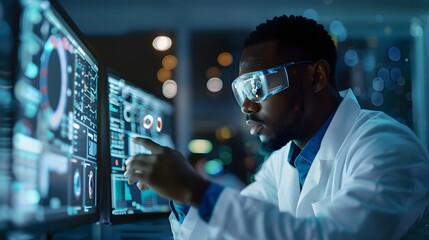 Aufkleber - Focused Scientist in Lab Coat Analyzing Data on Multiple Monitors in Modern Research Laboratory Environment with Advanced Technology and Graphics