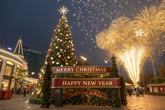 christmas tree in the night Merry Christmas and Happy New Year, Santa Claus, moon and trees for cover, print, poster,