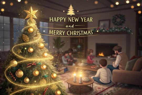 Merry Christmas Tree and Happy New Year, Santa Claus, moon and trees for cover, print, poster,