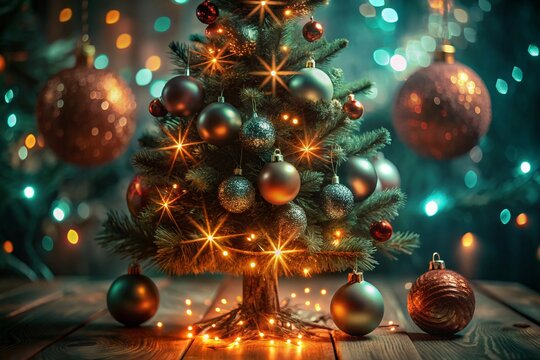 christmas tree decorations Merry Christmas and Happy New Year, Santa Claus, moon and trees for cover, print, poster,