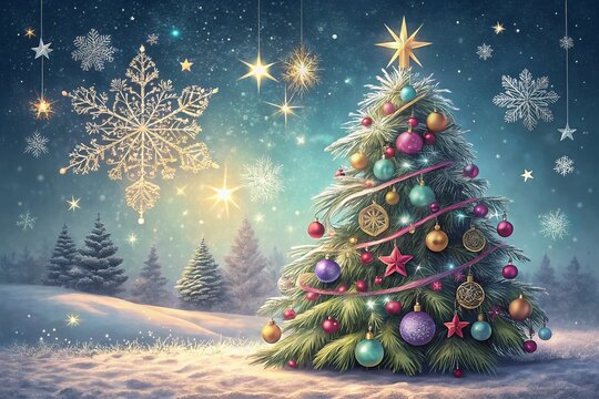 christmas tree with snowflakes and stars Merry Christmas and Happy New Year, Santa Claus, moon and trees for cover, print, poster,