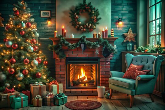 christmas tree with fireplace Merry Christmas and Happy New Year, Santa Claus, moon and trees for cover, print, poster,