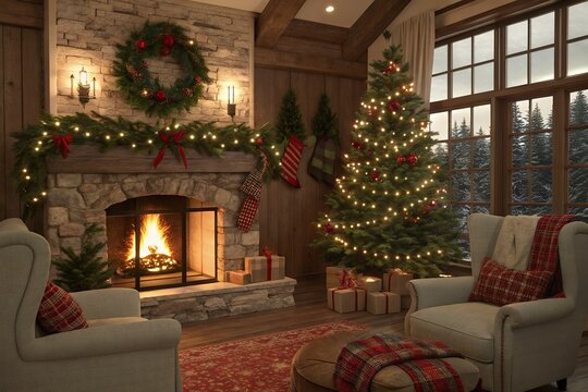 christmas tree with fireplace Merry Christmas and Happy New Year, Santa Claus, moon and trees for cover, print, poster,
