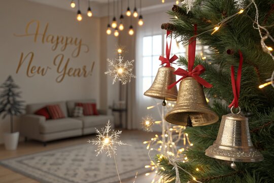 christmas bell on the tree Merry Christmas and Happy New Year, Santa Claus, moon and trees for cover, print, poster,