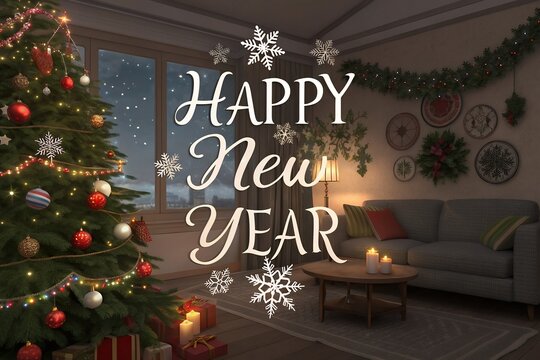 Merry Christmas and Happy New Year, Santa Claus, moon and trees for cover, print, poster,