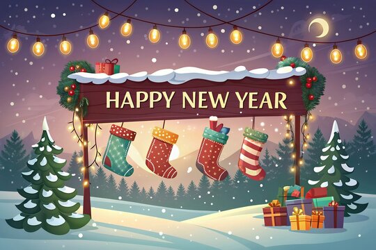 christmas card with santa Merry Christmas and Happy New Year, Santa Claus, moon and trees for cover, print, poster,