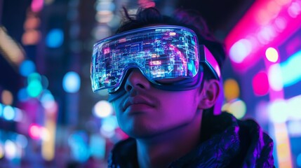 Fototapete - A young individual wears futuristic virtual reality goggles, immersed in a digital landscape filled with vibrant neon colors.