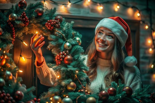 christmas tree with angel Merry Christmas and Happy New Year, Santa Claus, moon and trees for cover, print, poster,