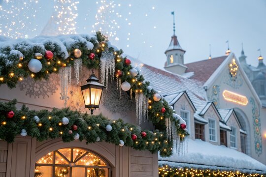 christmas in the city Merry Christmas and Happy New Year, Santa Claus, moon and trees for cover, print, poster,