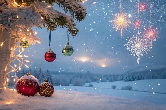 christmas tree and decorations Merry Christmas and Happy New Year, Santa Claus, moon and trees for cover, print, poster,