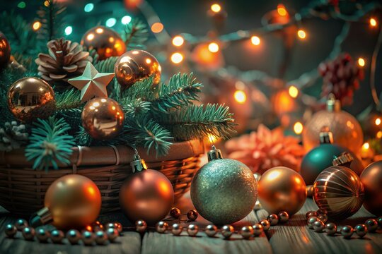 christmas tree with baubles Merry Christmas and Happy New Year, Santa Claus, moon and trees for cover, print, poster,