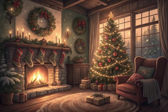christmas tree with fireplace Merry Christmas and Happy New Year, Santa Claus, moon and trees for cover, print, poster,