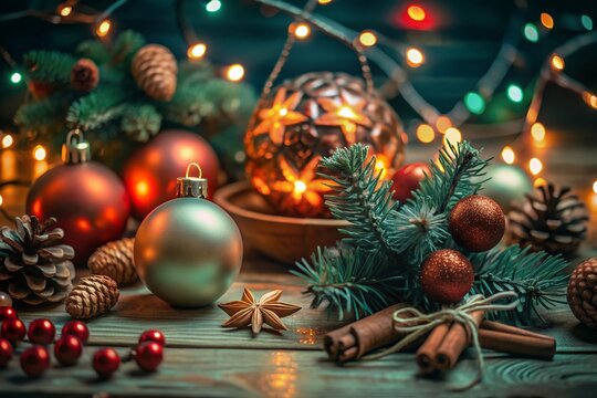 christmas tree with decorations Merry Christmas and Happy New Year, Santa Claus, moon and trees for cover, print, poster,