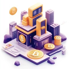 Poster - Isometric Bitcoin Cityscape: Cryptocurrency Digital Architecture and Finance